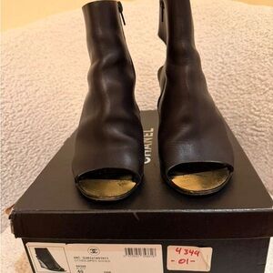 CHANEL Black and Gold Open-Toe Heeled Boots